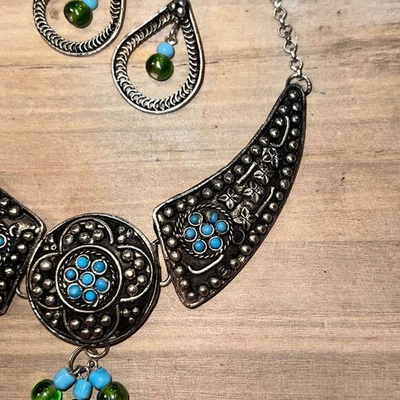 Antigua Silver Collar Turquoise Necklace & Earrings bohemian jewelry - Picture 4 of 8